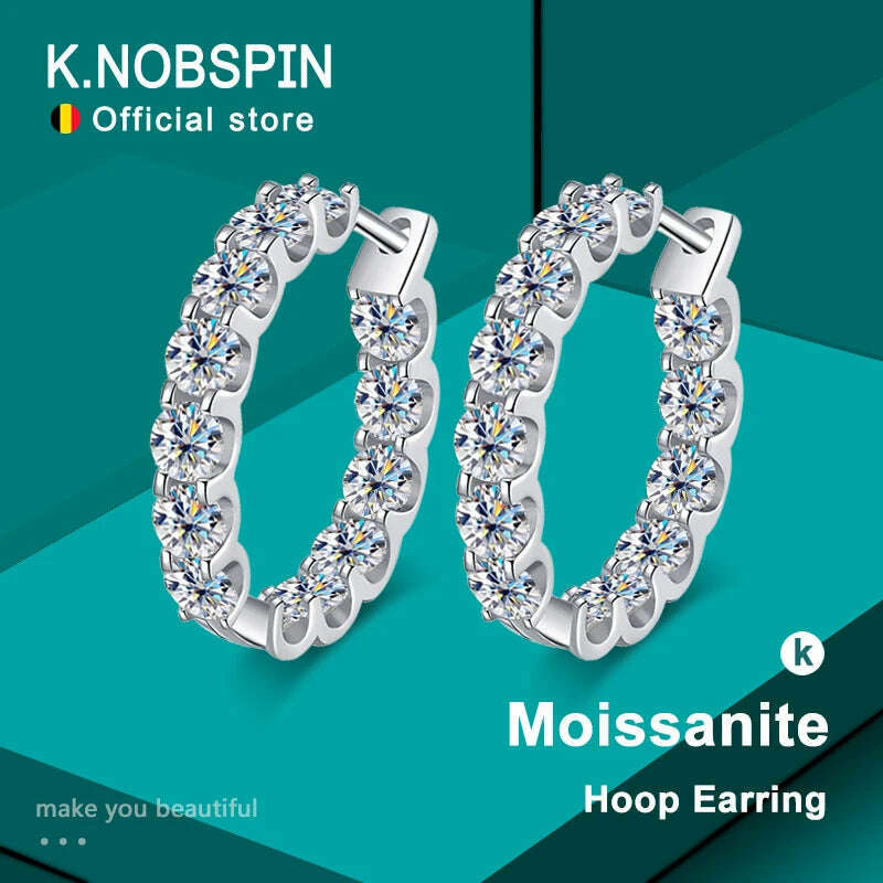 KIMLUD, KNOBSPIN 2.6ct D Color Moissanite Earring 925 Sterling Sliver Plated White Gold Hoop Earring for Women Wedding Party Jewelry, KIMLUD Womens Clothes