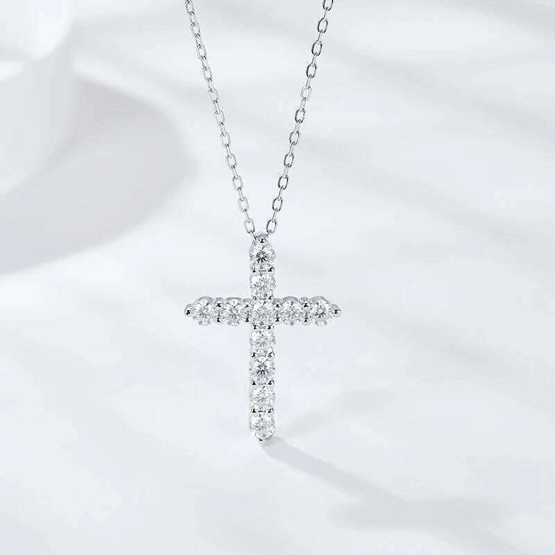 KIMLUD, KNOBSPIN Full Moissanite Cross Pendant Necklace Original 925 Sterling Sliver Chain Plated 18k White Gold Fine Necklace for Women, KIMLUD Womens Clothes