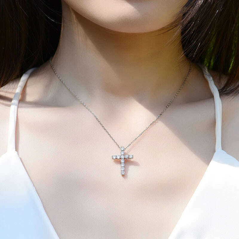 KIMLUD, KNOBSPIN Full Moissanite Cross Pendant Necklace Original 925 Sterling Sliver Chain Plated 18k White Gold Fine Necklace for Women, KIMLUD Womens Clothes