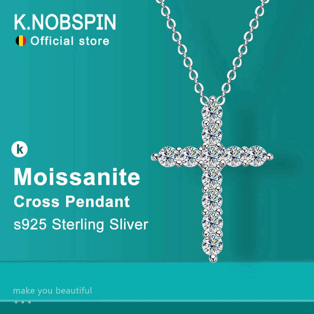 KNOBSPIN Full Moissanite Cross Pendant Necklace Original 925 Sterling Sliver Chain Plated 18k White Gold Fine Necklace for Women - KIMLUD