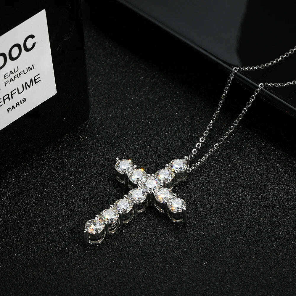 KNOBSPIN Full Moissanite Cross Pendant Necklace Original 925 Sterling Sliver Chain Plated 18k White Gold Fine Necklace for Women - KIMLUD