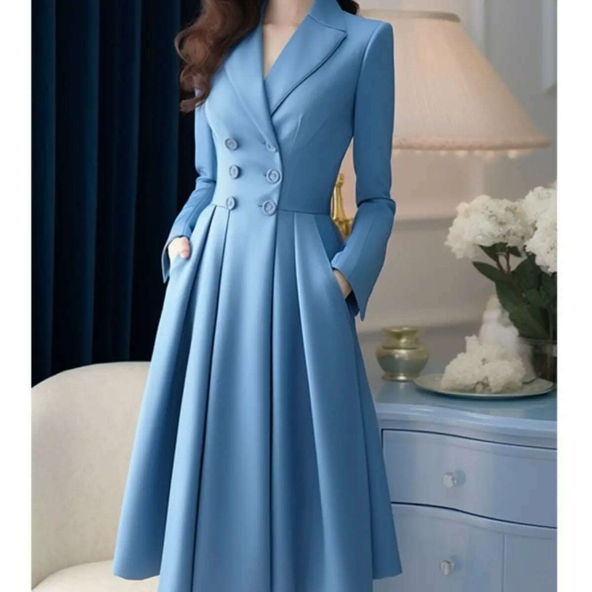 KIMLUD, Korea Suit Dress For Women Autumn Fashion Versatile Casual Solid Button Long Lapel Pleated Dresses 2024 New, KIMLUD Womens Clothes