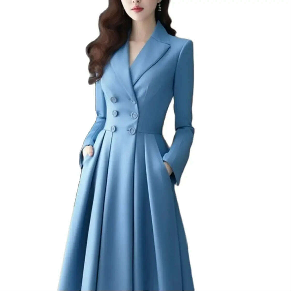 KIMLUD, Korea Suit Dress For Women Autumn Fashion Versatile Casual Solid Button Long Lapel Pleated Dresses 2024 New, KIMLUD Womens Clothes