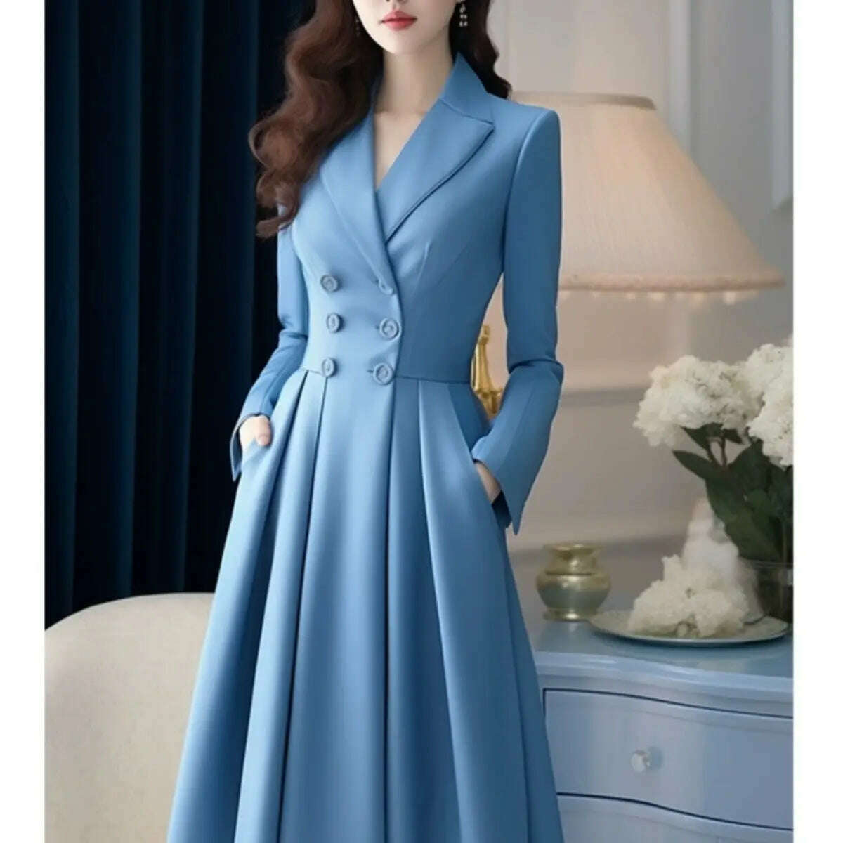 KIMLUD, Korea Suit Dress For Women Autumn Fashion Versatile Casual Solid Button Long Lapel Pleated Dresses 2024 New, Blue / S, KIMLUD APPAREL - Womens Clothes