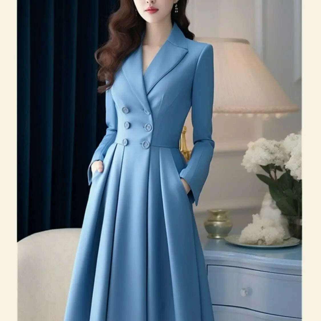 KIMLUD, Korea Suit Dress For Women Autumn Fashion Versatile Casual Solid Button Long Lapel Pleated Dresses 2024 New, KIMLUD Womens Clothes