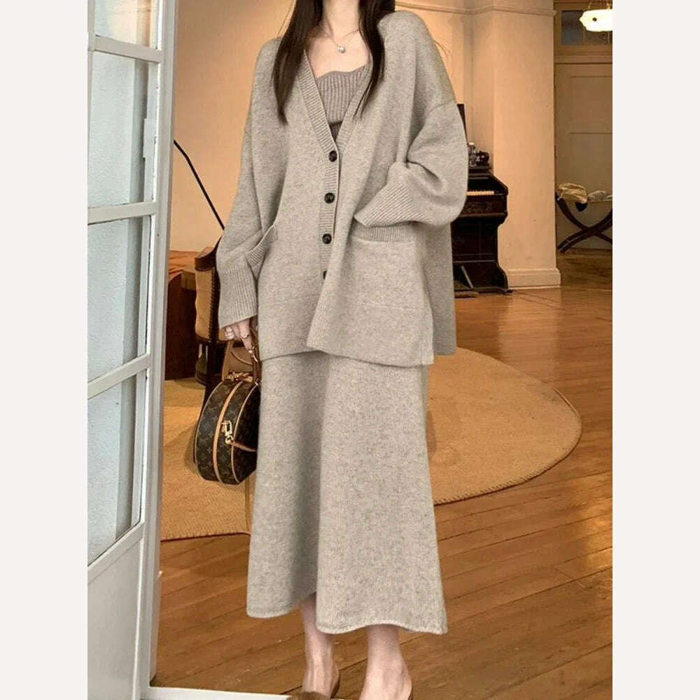 KIMLUD, Korean Fashion 2 Piece Sets Womens Outifits 2024 Autumn New in Knit Cardigan Dress Sets Loose Sweater Skirt Sets Womens Clothing, Camel / M, KIMLUD APPAREL - Womens Clothes