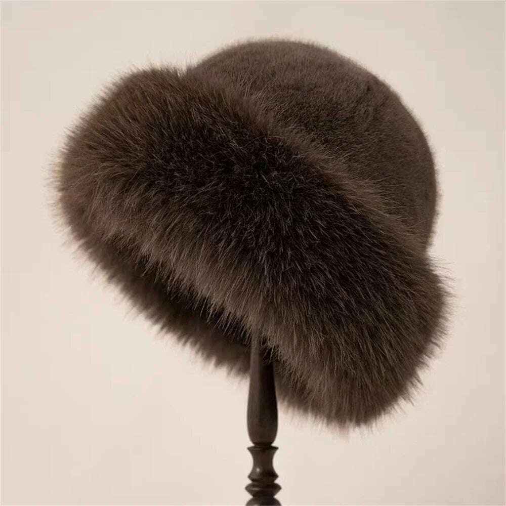 KIMLUD, Korean Fashion Hat Women's Winter New Thick Warm Imitation Fur Simple Fisherman's Hat Imitation Mink Fur Ladies Mongolia Cap, KIMLUD Womens Clothes