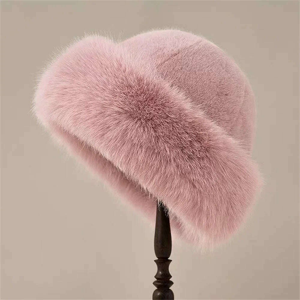 KIMLUD, Korean Fashion Hat Women's Winter New Thick Warm Imitation Fur Simple Fisherman's Hat Imitation Mink Fur Ladies Mongolia Cap, KIMLUD Womens Clothes