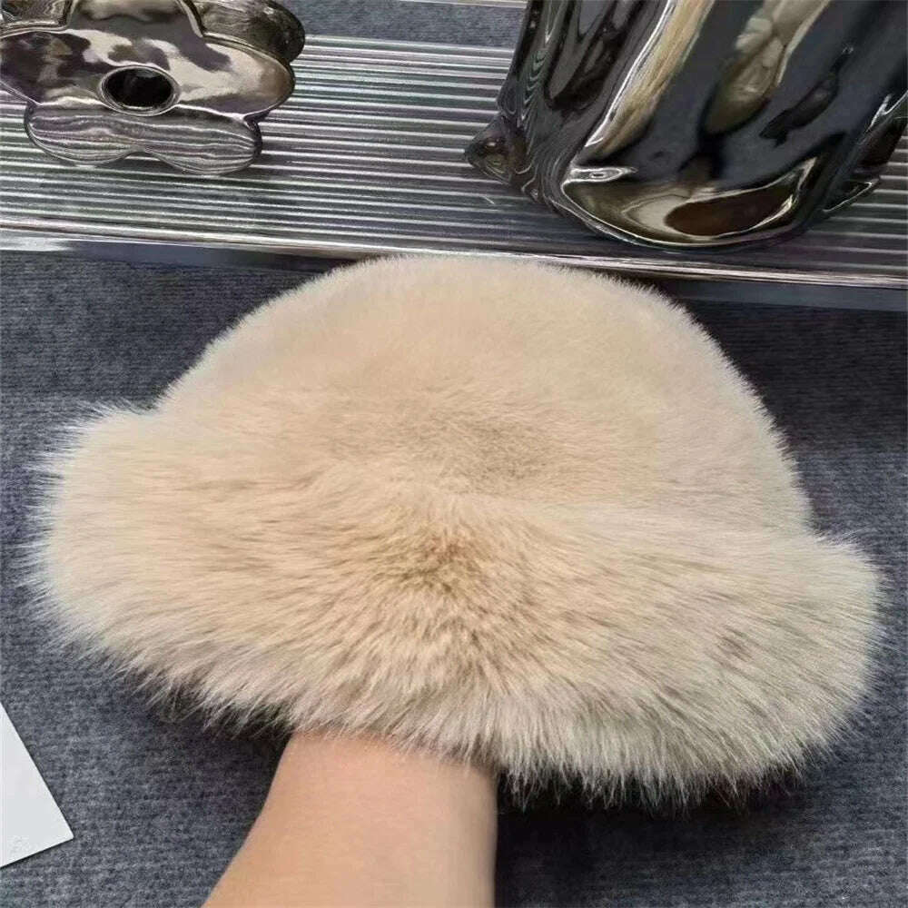 KIMLUD, Korean Fashion Hat Women's Winter New Thick Warm Imitation Fur Simple Fisherman's Hat Imitation Mink Fur Ladies Mongolia Cap, KIMLUD Womens Clothes