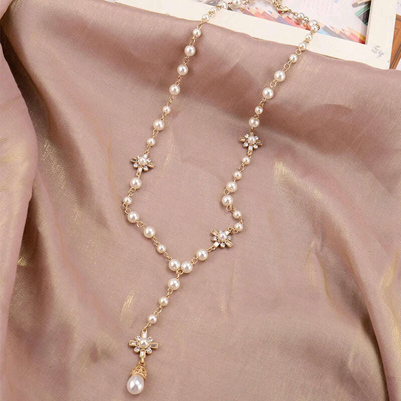 Korean Fashion Pearl Long Double Layer Pendant Necklace Sweater Chain Accessories - KIMLUD