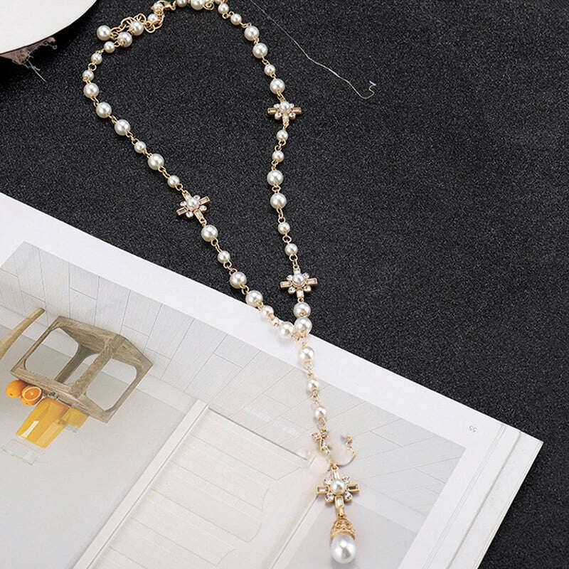 Korean Fashion Pearl Long Double Layer Pendant Necklace Sweater Chain Accessories - KIMLUD