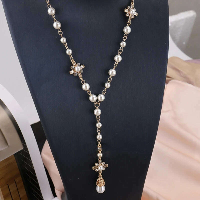 Korean Fashion Pearl Long Double Layer Pendant Necklace Sweater Chain Accessories - KIMLUD