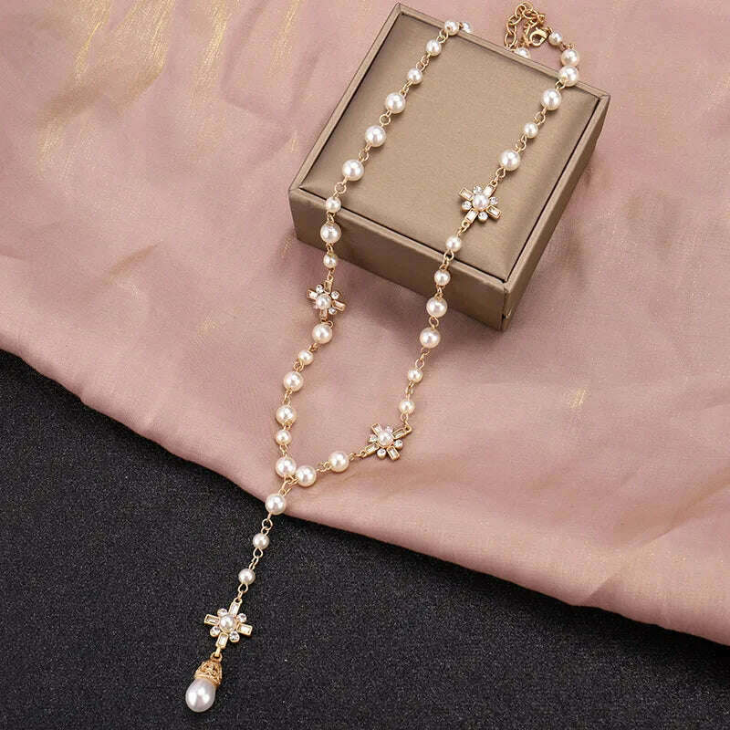 Korean Fashion Pearl Long Double Layer Pendant Necklace Sweater Chain Accessories - KIMLUD