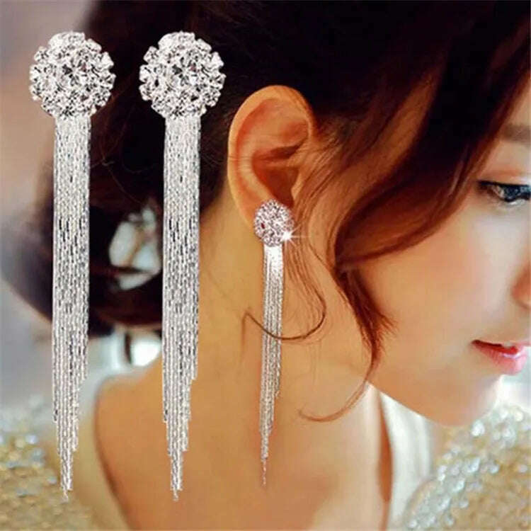 Korean Fashion Personality Temperament Crystal Tassel Earrings Bridal Ear Jewelry For Women Long Oorbellen - KIMLUD