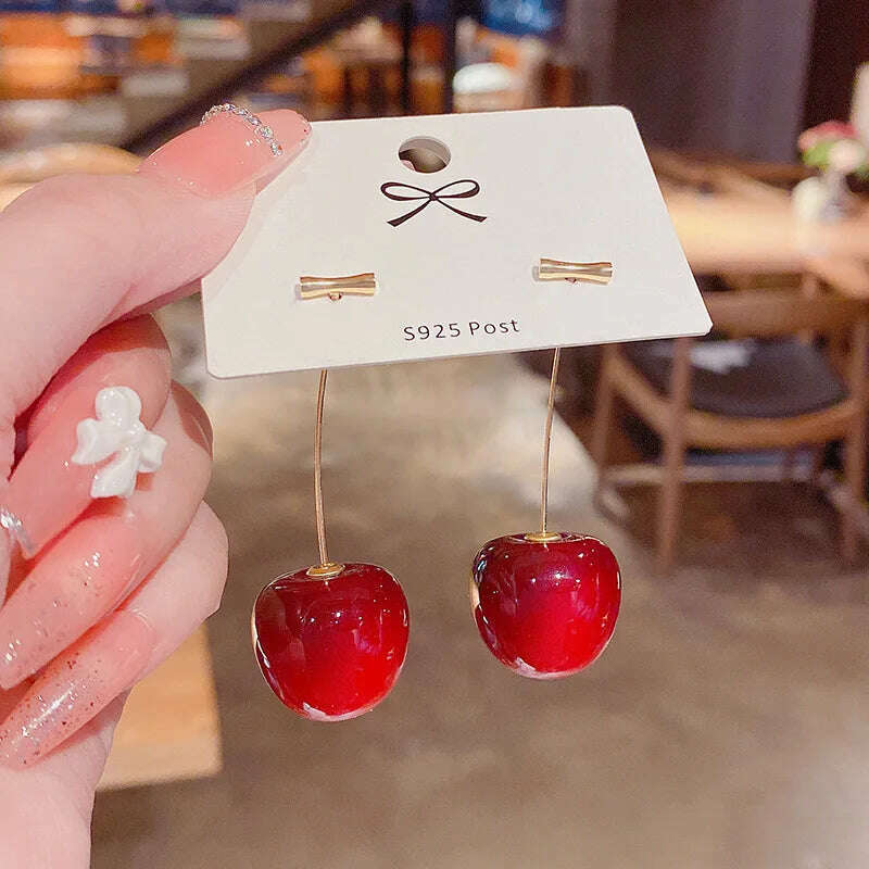 KIMLUD, Korean Fashion Transparent Cherry Earrings for Women Red Cherry Earrings Design Personalized Earring Girl Birthday Party Jewelry, gold-1, KIMLUD APPAREL - Womens Clothes