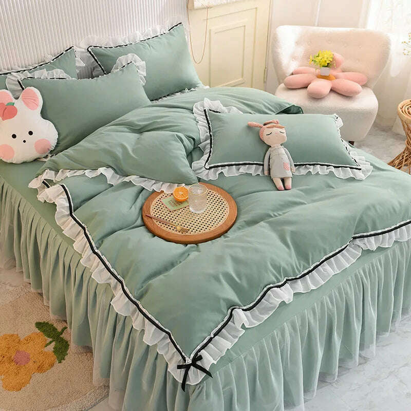 KIMLUD, Korean Girl Heart Solid Color Bedding Set Cute Princess Style Cotton Bed Skirt Full Queen Size Flat Sheet Quilt Cover Pillowcase, Green / Full (1.5m bed) / Flat Bed Sheet, KIMLUD APPAREL - Womens Clothes