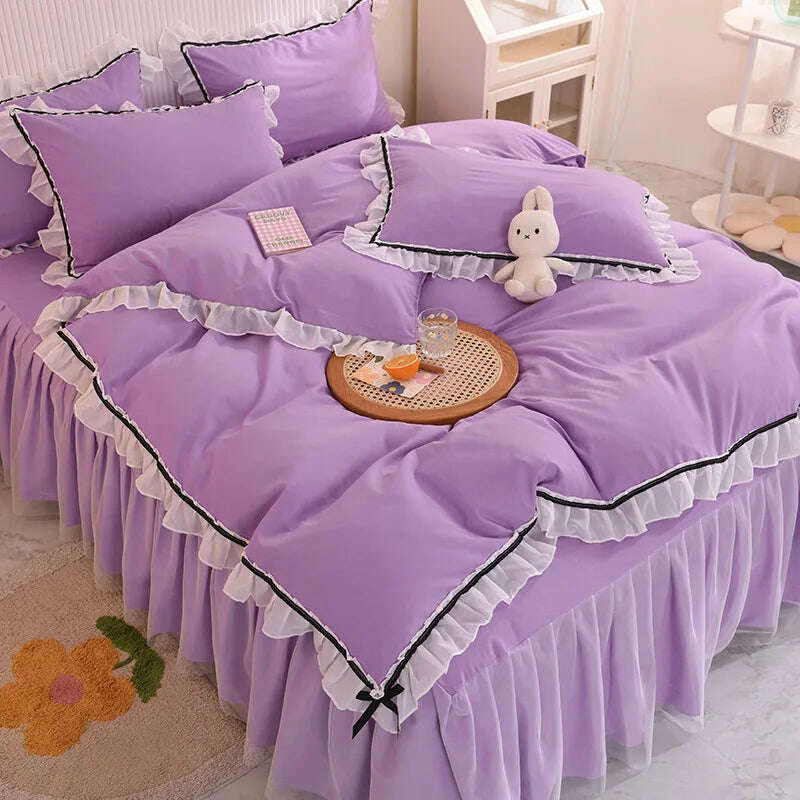 KIMLUD, Korean Girl Heart Solid Color Bedding Set Cute Princess Style Cotton Bed Skirt Full Queen Size Flat Sheet Quilt Cover Pillowcase, Purple / Full (1.5m bed) / Flat Bed Sheet, KIMLUD APPAREL - Womens Clothes