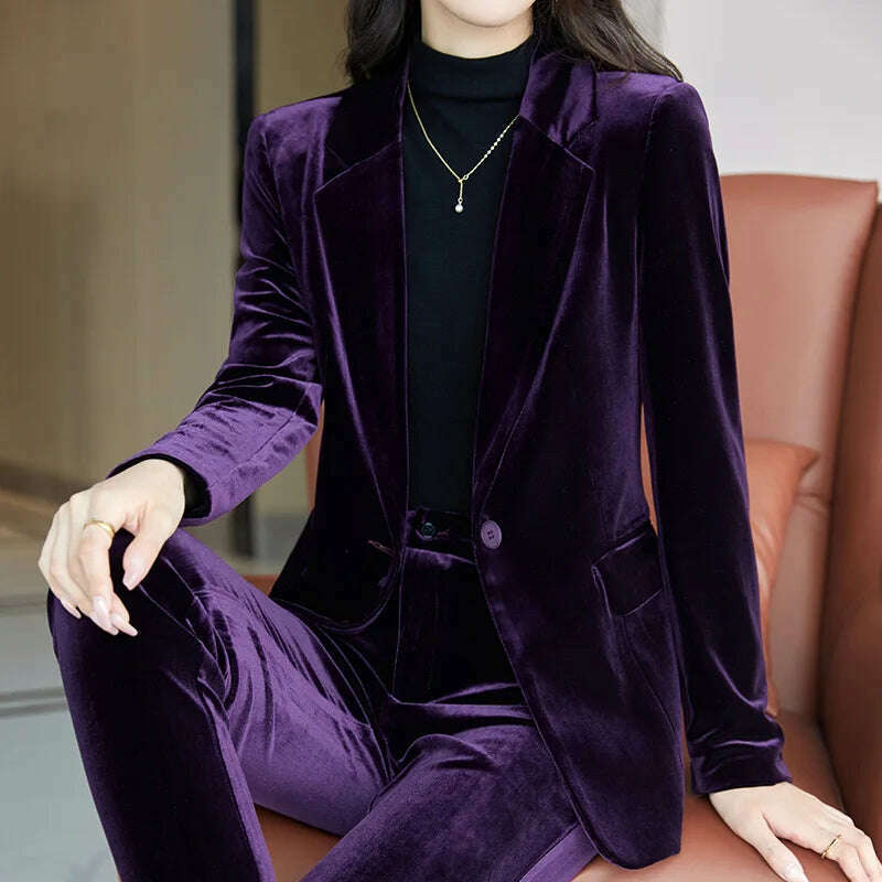 KIMLUD, Korean High-Quality Velvet Autumn Winter Formal Ladies Blazer Business Suits with Sets Work Wear Office Uniform Pants Jacket, KIMLUD Womens Clothes