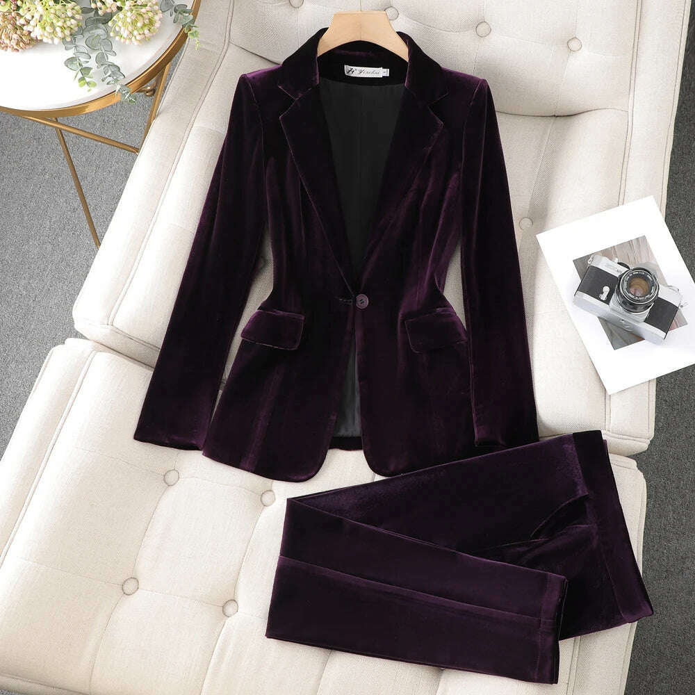 KIMLUD, Korean High-Quality Velvet Autumn Winter Formal Ladies Blazer Business Suits with Sets Work Wear Office Uniform Pants Jacket, KIMLUD Womens Clothes