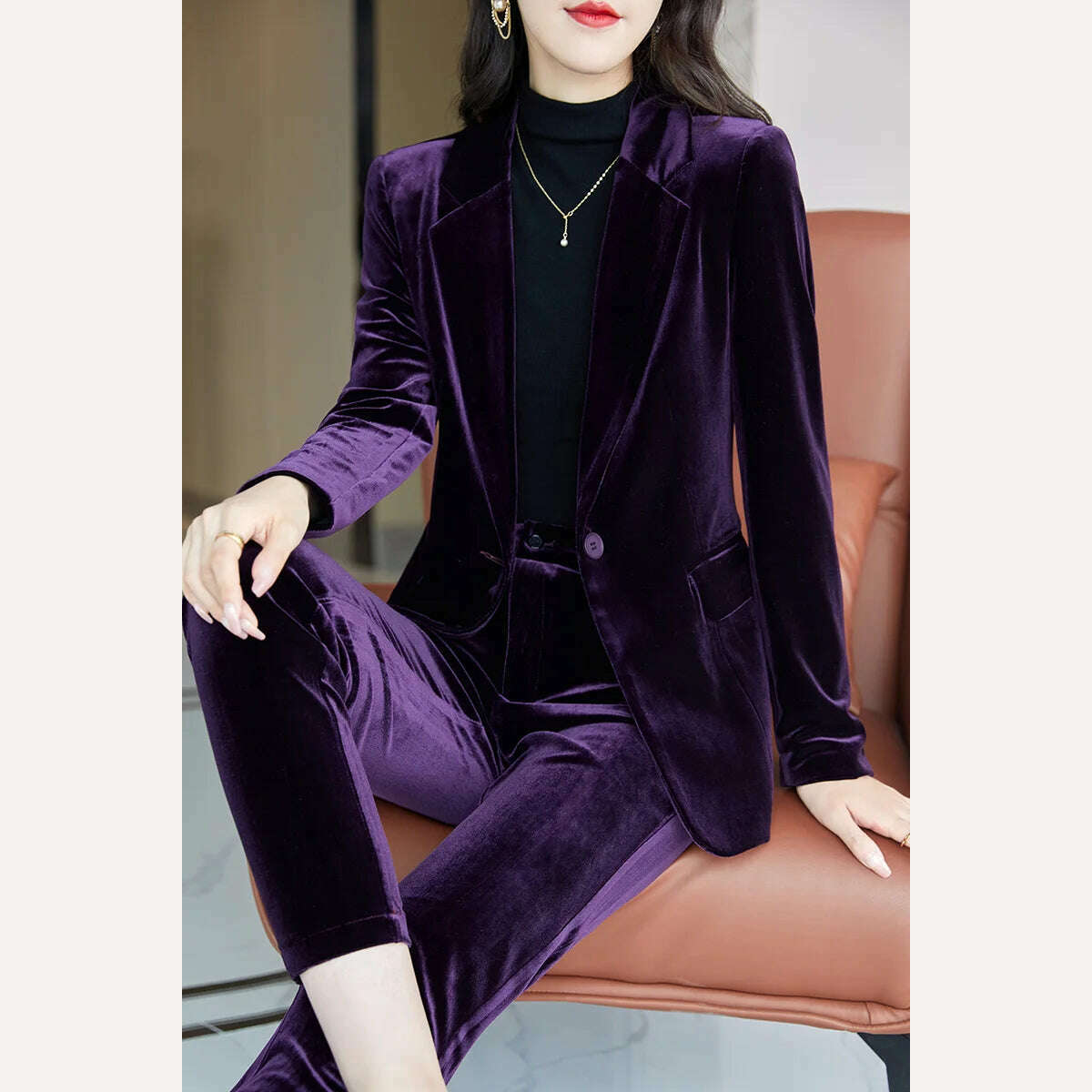 KIMLUD, Korean High-Quality Velvet Autumn Winter Formal Ladies Blazer Business Suits with Sets Work Wear Office Uniform Pants Jacket, Purple blazer  pants / S / China, KIMLUD APPAREL - Womens Clothes