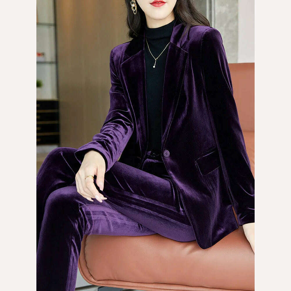 KIMLUD, Korean High-Quality Velvet Autumn Winter Formal Ladies Blazer Business Suits with Sets Work Wear Office Uniform Pants Jacket, KIMLUD Womens Clothes