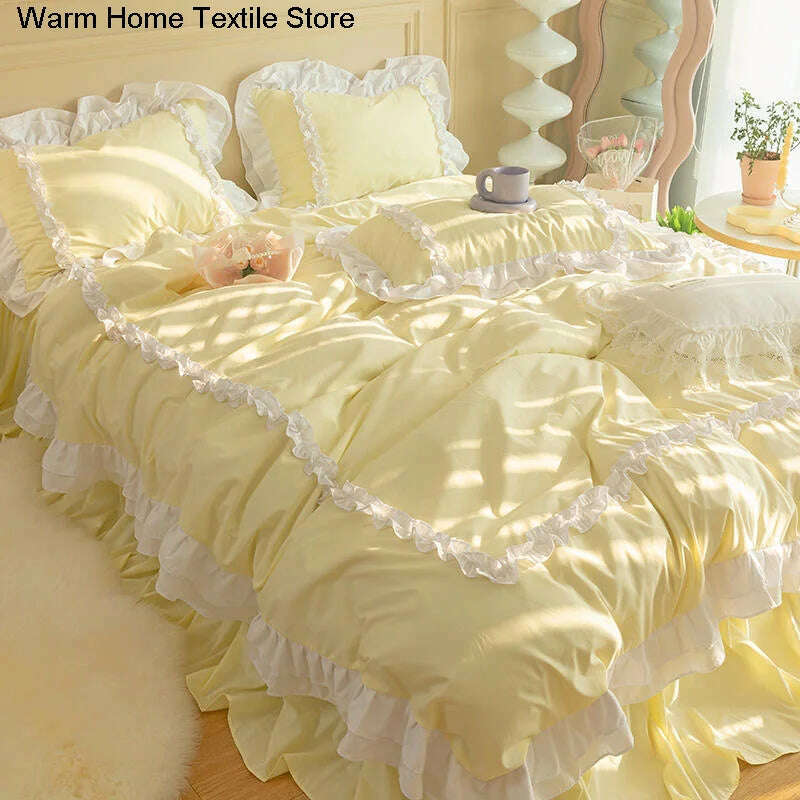 Korean Ins Bedding Set, Luxury Quilt Cover, Pillowcase Flat Bed Sheets, Simple Girl Princess Ruffle Home Textiles - KIMLUD