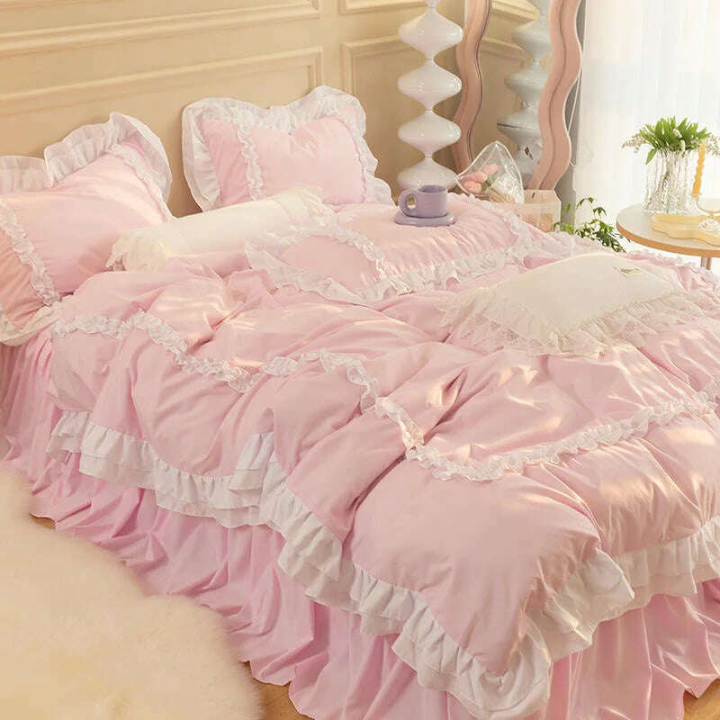 KIMLUD, Korean Ins Bedding Set, Luxury Quilt Cover, Pillowcase Flat Bed Sheets, Simple Girl Princess Ruffle Home Textiles, KIMLUD Womens Clothes