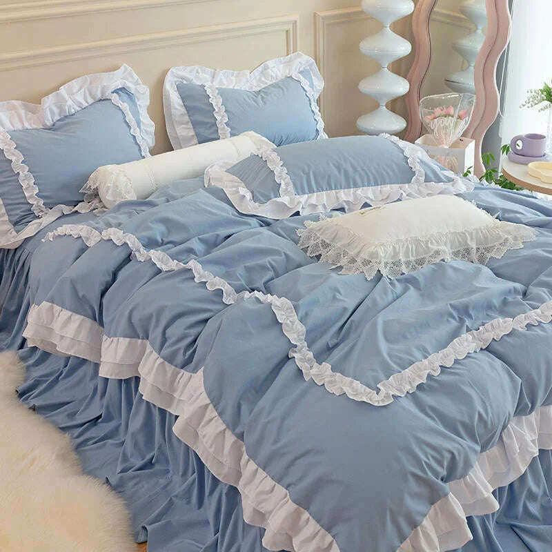 KIMLUD, Korean Ins Bedding Set, Luxury Quilt Cover, Pillowcase Flat Bed Sheets, Simple Girl Princess Ruffle Home Textiles, Blue / for 1.5m bed 3pcs / Flat Bed Sheet, KIMLUD APPAREL - Womens Clothes