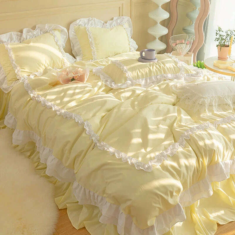 KIMLUD, Korean Ins Bedding Set, Luxury Quilt Cover, Pillowcase Flat Bed Sheets, Simple Girl Princess Ruffle Home Textiles, Yellow / for 2.0m bed 4pcs / Flat Bed Sheet, KIMLUD APPAREL - Womens Clothes