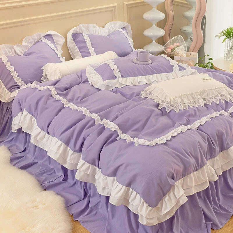 KIMLUD, Korean Ins Bedding Set, Luxury Quilt Cover, Pillowcase Flat Bed Sheets, Simple Girl Princess Ruffle Home Textiles, Purple / for 2.0m bed 4pcs / Skirt Bed Sheet, KIMLUD APPAREL - Womens Clothes