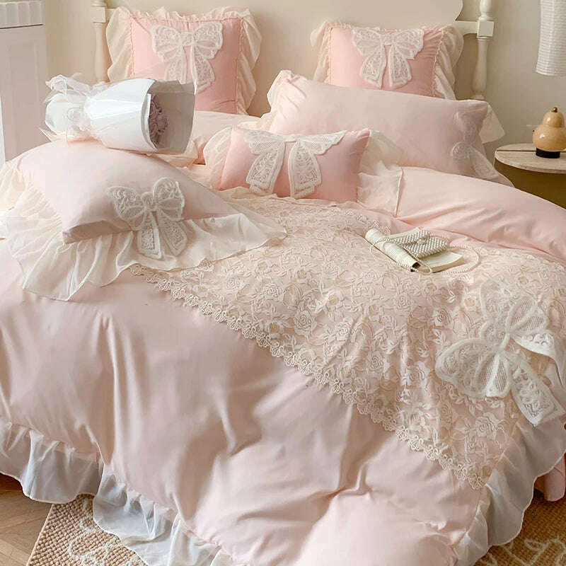 KIMLUD, Korean Princess Bedding Set Lace Bow  Beauty Solid Color Lace Ruffle Quilt Cover Luxury Girls Wedding Home Textiles Duvet Cover, Pink / for 1.8m bed 4pcs / Flat Bed Sheet, KIMLUD APPAREL - Womens Clothes