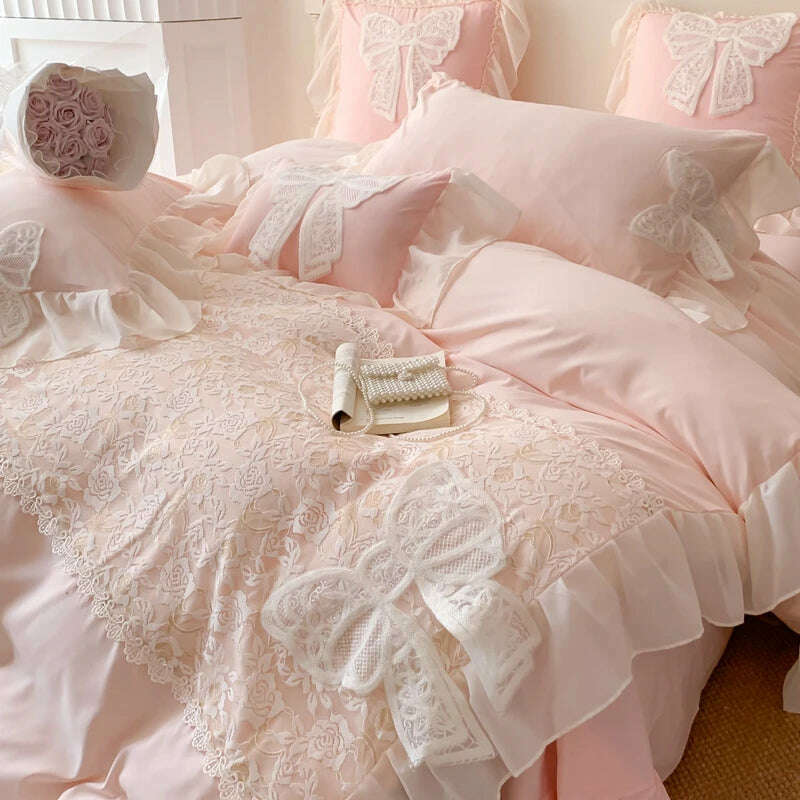 KIMLUD, Korean Princess Bedding Set Lace Bow  Beauty Solid Color Lace Ruffle Quilt Cover Luxury Girls Wedding Home Textiles Duvet Cover, KIMLUD Womens Clothes