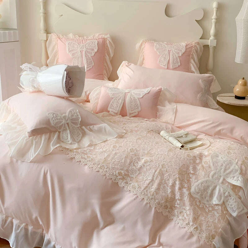 KIMLUD, Korean Princess Bedding Set Lace Bow  Beauty Solid Color Lace Ruffle Quilt Cover Luxury Girls Wedding Home Textiles Duvet Cover, KIMLUD Womens Clothes