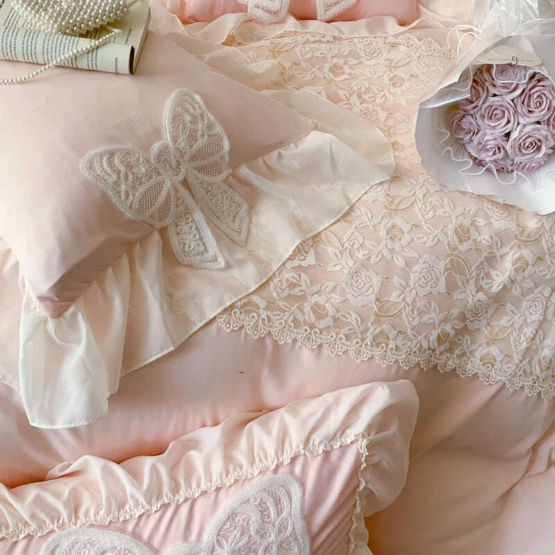 KIMLUD, Korean Princess Bedding Set Lace Bow  Beauty Solid Color Lace Ruffle Quilt Cover Luxury Girls Wedding Home Textiles Duvet Cover, KIMLUD Womens Clothes