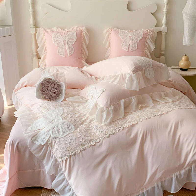 KIMLUD, Korean Princess Bedding Set Lace Bow  Beauty Solid Color Lace Ruffle Quilt Cover Luxury Girls Wedding Home Textiles Duvet Cover, KIMLUD Womens Clothes