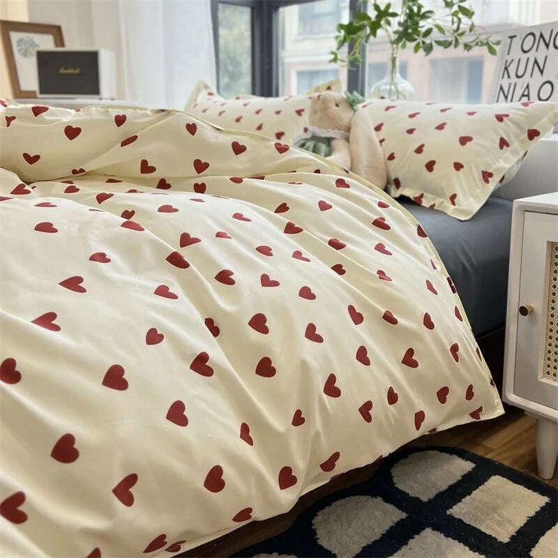 KIMLUD, Korean Style Bedding Set Kid Adult Twin Full Queen Size Bed Flat Sheet Love Heart Duvet Cover Set Pillowcase Bed Linen No Filler, KIMLUD Womens Clothes