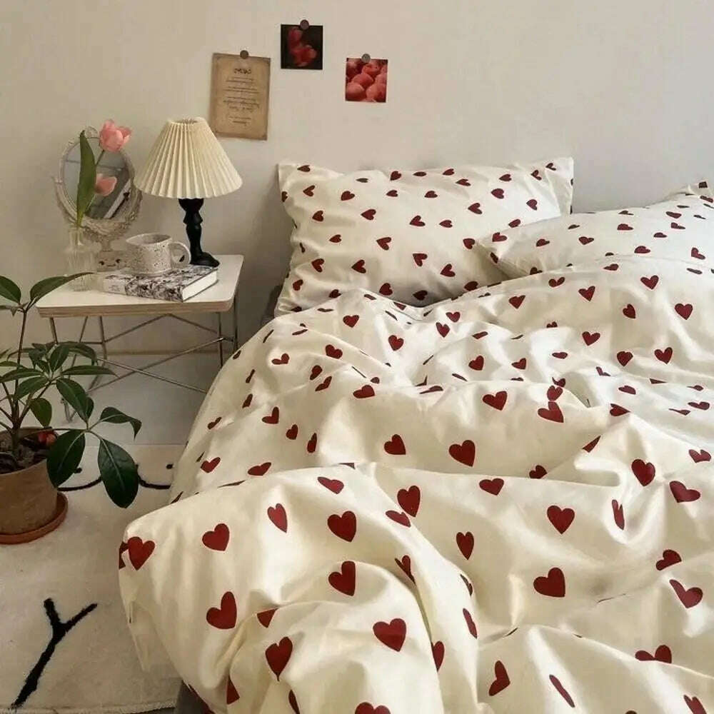 KIMLUD, Korean Style Bedding Set Kid Adult Twin Full Queen Size Bed Flat Sheet Love Heart Duvet Cover Set Pillowcase Bed Linen No Filler, love heart / Twin150x200 4pcs, KIMLUD APPAREL - Womens Clothes