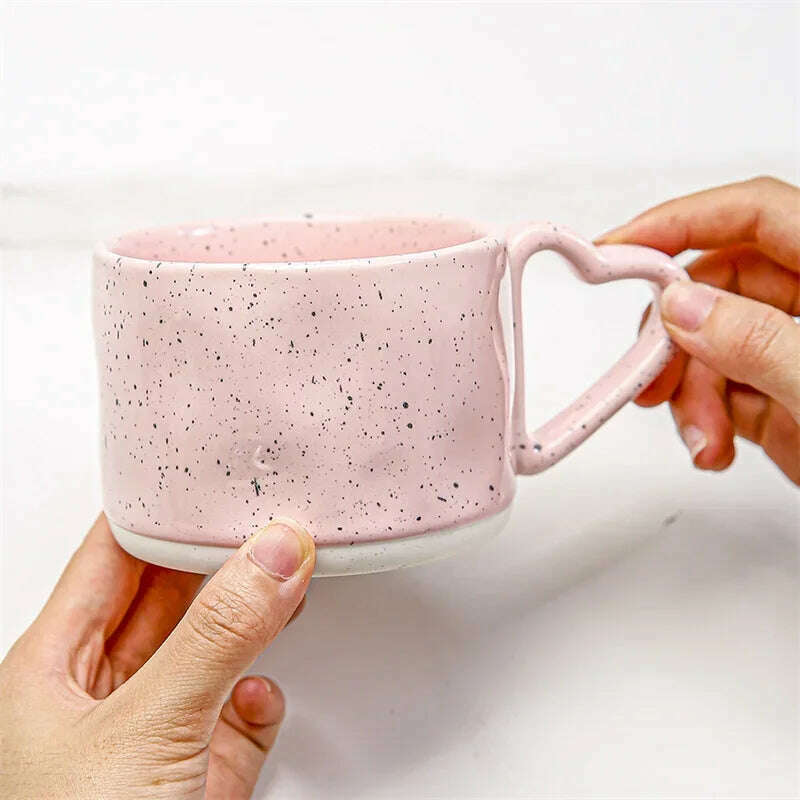 Korean Style ins Ceramics Cup 300ML Pink Love shape handle Coffee Mug Breakfast milk oatmeal cup Water cup Valentine's Day Gift - KIMLUD