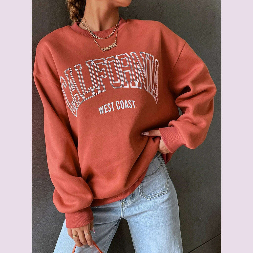 KIMLUD, Korean Trend Woman Sweatshirts California West Coast Print Female hoodie Long Sleeves O-neck Pullovers Sporty and Rich Clothing, Brick red / M, KIMLUD APPAREL - Womens Clothes