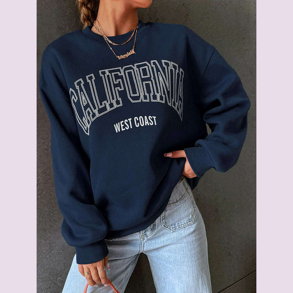 KIMLUD, Korean Trend Woman Sweatshirts California West Coast Print Female hoodie Long Sleeves O-neck Pullovers Sporty and Rich Clothing, Deep blue / M, KIMLUD APPAREL - Womens Clothes