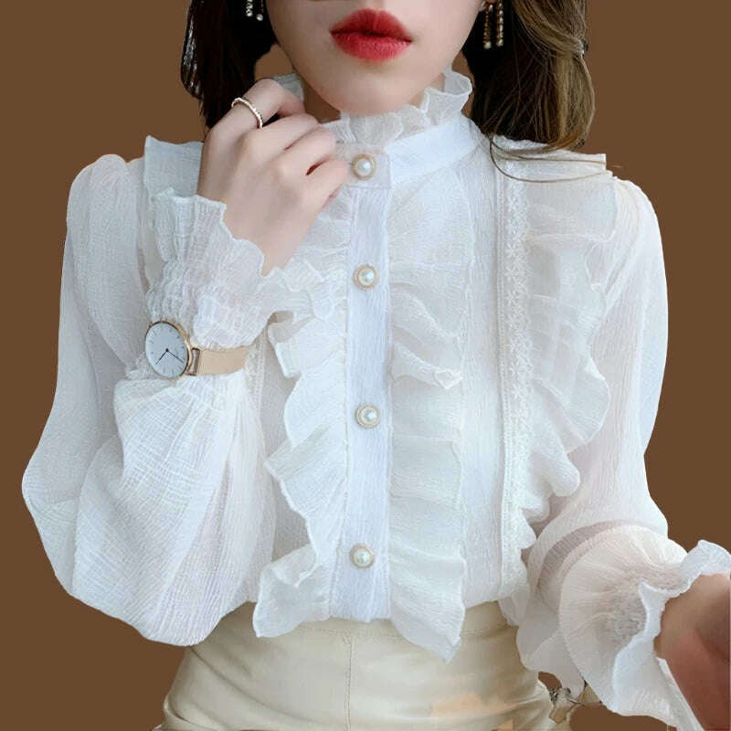 KIMLUD, Korean Women Elegant Chiffon Shirt and Blouses Chic Long Sleeve Lace Ruffles Stand Collar Casual Loose White Tops Woman 13433, KIMLUD Womens Clothes