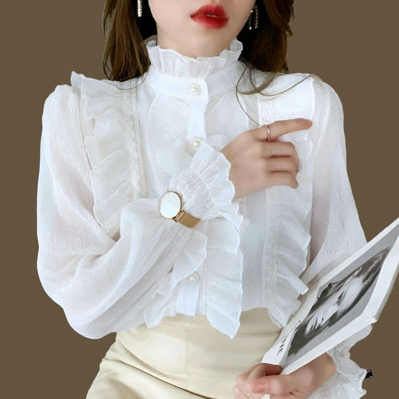 KIMLUD, Korean Women Elegant Chiffon Shirt and Blouses Chic Long Sleeve Lace Ruffles Stand Collar Casual Loose White Tops Woman 13433, White / S, KIMLUD APPAREL - Womens Clothes