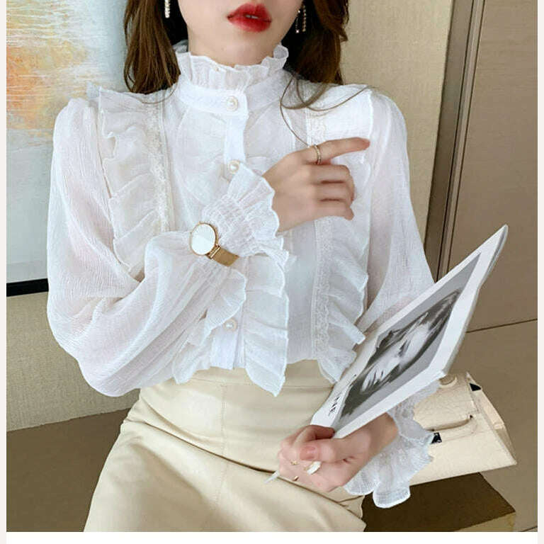 KIMLUD, Korean Women Elegant Chiffon Shirt and Blouses Chic Long Sleeve Lace Ruffles Stand Collar Casual Loose White Tops Woman 13433, KIMLUD Womens Clothes