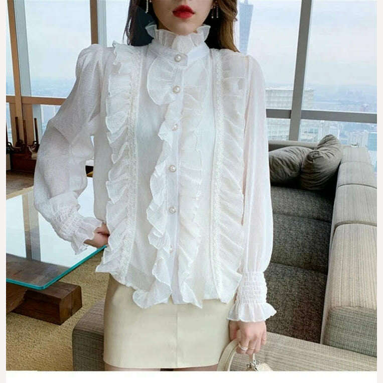 KIMLUD, Korean Women Elegant Chiffon Shirt and Blouses Chic Long Sleeve Lace Ruffles Stand Collar Casual Loose White Tops Woman 13433, KIMLUD Womens Clothes