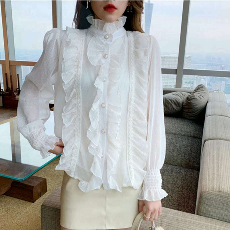 KIMLUD, Korean Women Elegant Chiffon Shirt and Blouses Chic Long Sleeve Lace Ruffles Stand Collar Casual Loose White Tops Woman 13433, KIMLUD Womens Clothes