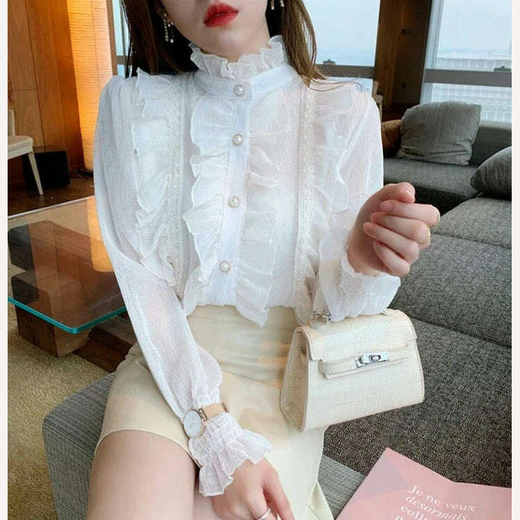 KIMLUD, Korean Women Elegant Chiffon Shirt and Blouses Chic Long Sleeve Lace Ruffles Stand Collar Casual Loose White Tops Woman 13433, KIMLUD Womens Clothes