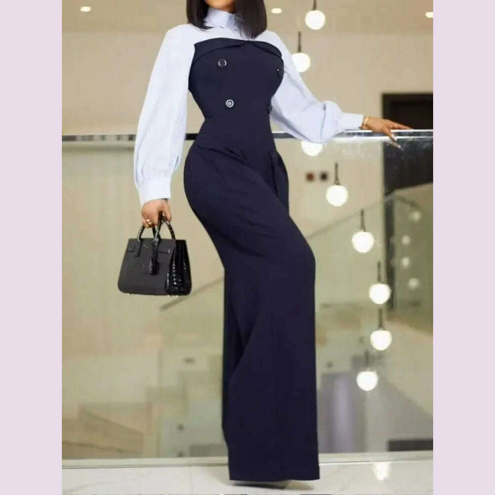 Krisnanas Women's Wide Leg Jumpsuits 2024 New Autumn Long Sleeves Fashion Patchwork Buttoned Loose Casual Office One-piece Suits - KIMLUD