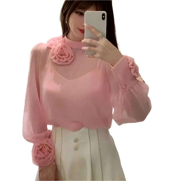 KIMLUD, KUSAHIKI Fashion 3D Flower Tops Women Chic Korean Elegant Bottoming Shirts for Women 2023 Autumn Long Sleeve Blusas Feminina, pink / One Size, KIMLUD APPAREL - Womens Clothes