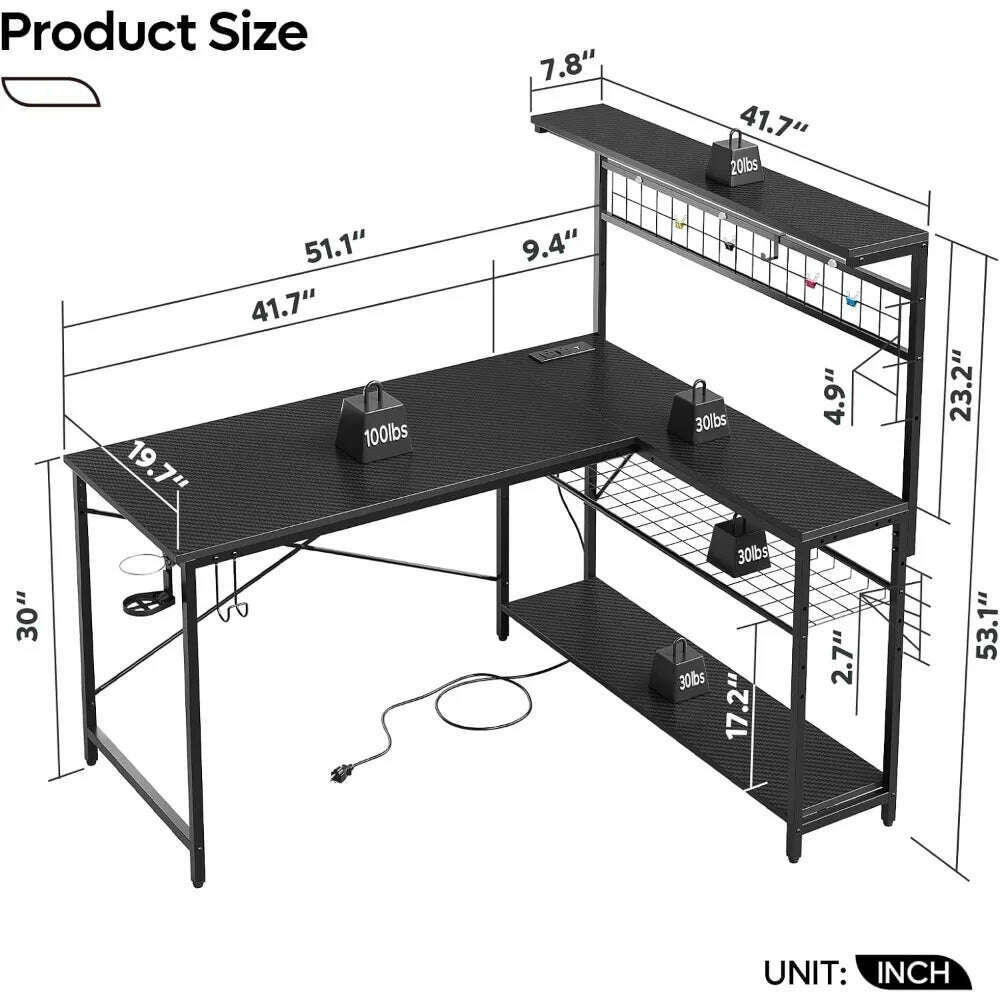 KIMLUD, L Gaming Desk,Computer Desk with Power Outlets, LED Lights, Reversible Corner Desk 4-Tier Shelves,Cup Holder, KIMLUD Womens Clothes