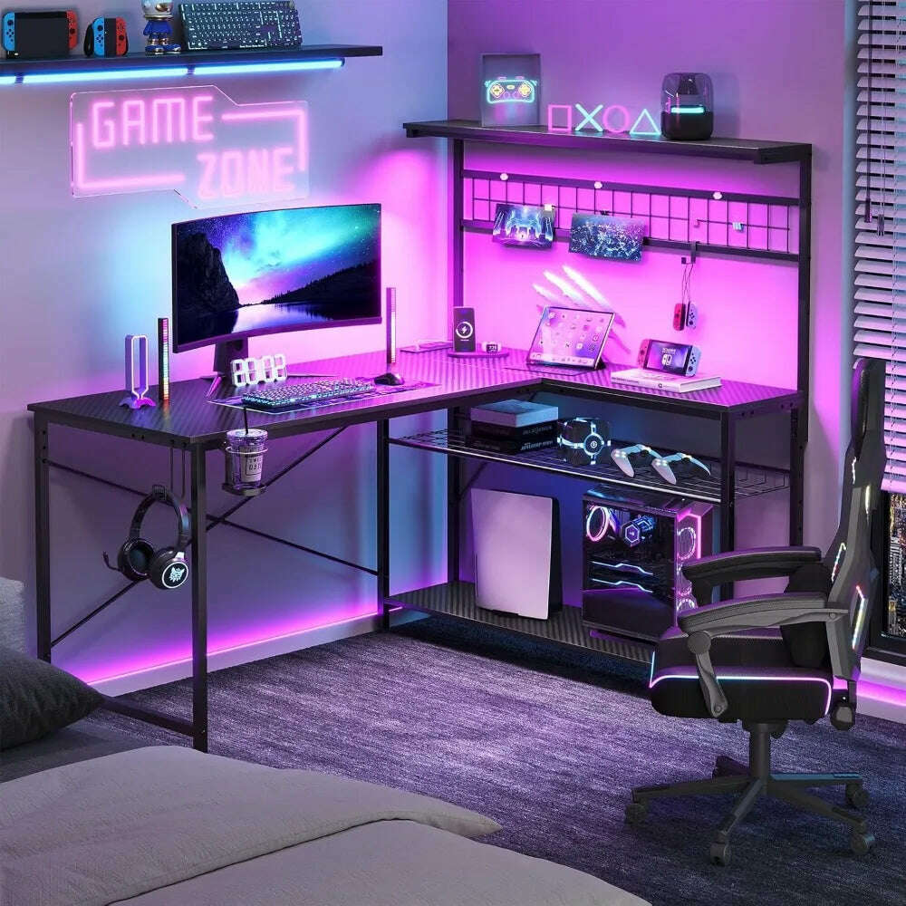 KIMLUD, L Gaming Desk,Computer Desk with Power Outlets, LED Lights, Reversible Corner Desk 4-Tier Shelves,Cup Holder, KIMLUD Womens Clothes